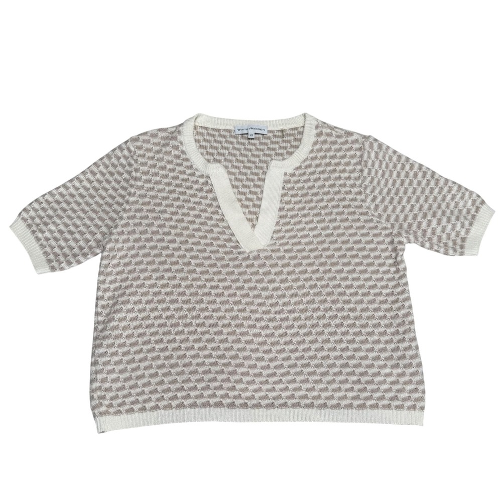 White + Warren Linen Cotton Knit V-Neck Sweater Top Coastal Quiet Luxury XS